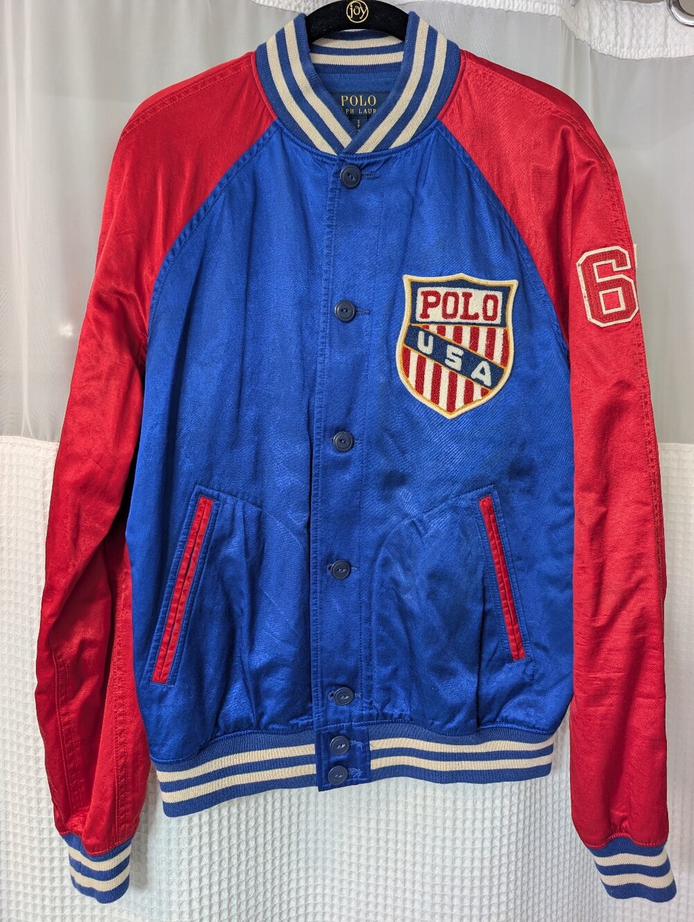 Polo by Ralph Lauren Blue & Red Men's Varsity Jacket with USA Patch Sz S